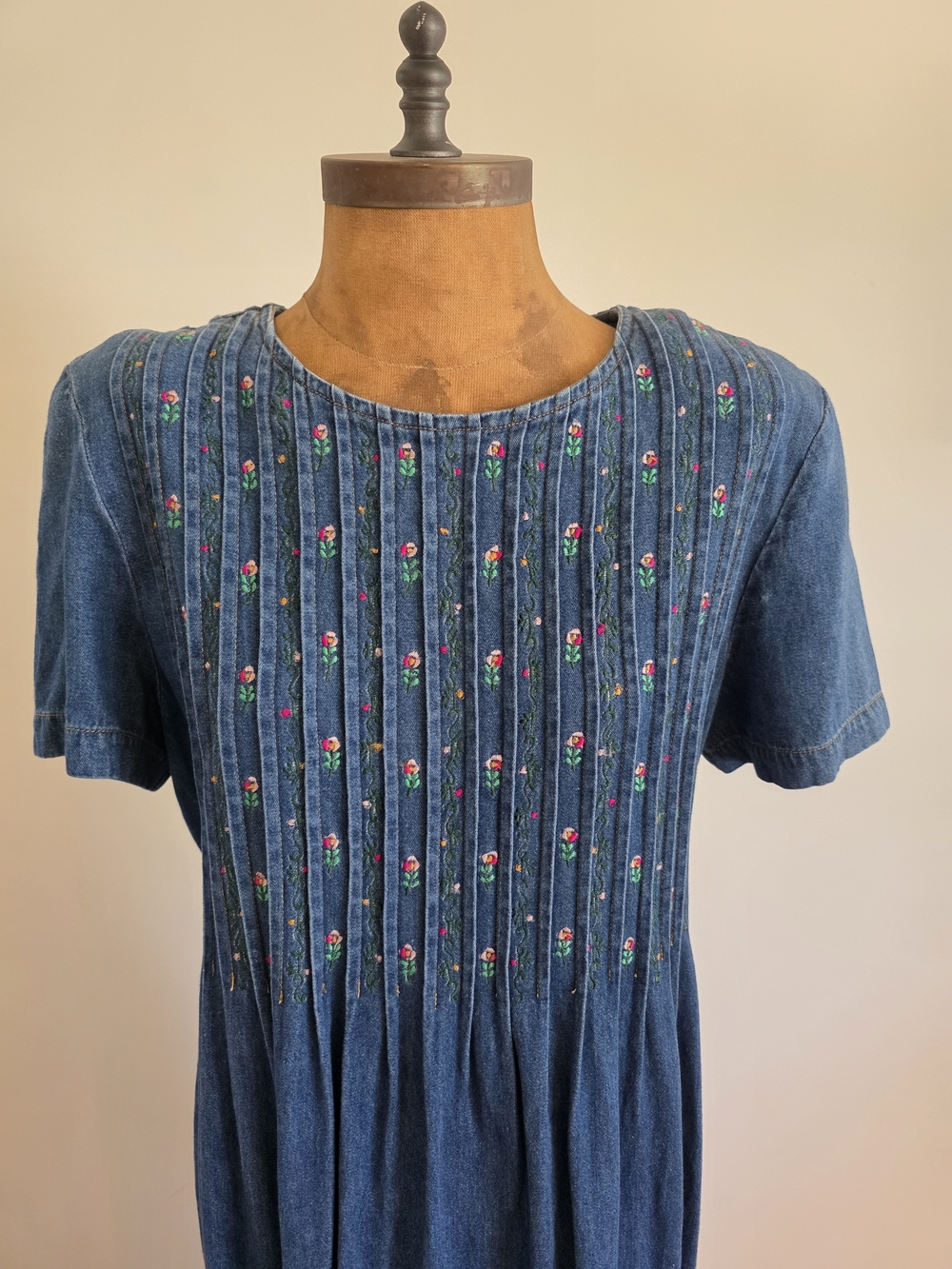 Cottagecore Embroidered Demin Maxi Prairie Dress Floral 90s Karin Stevens Sz 14